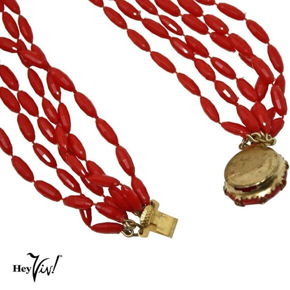 Vintage 1950s 6 Strand Red Faceted Bead Necklace Ornate Clip 20" Long - Hey Viv - Picture 4 of 6